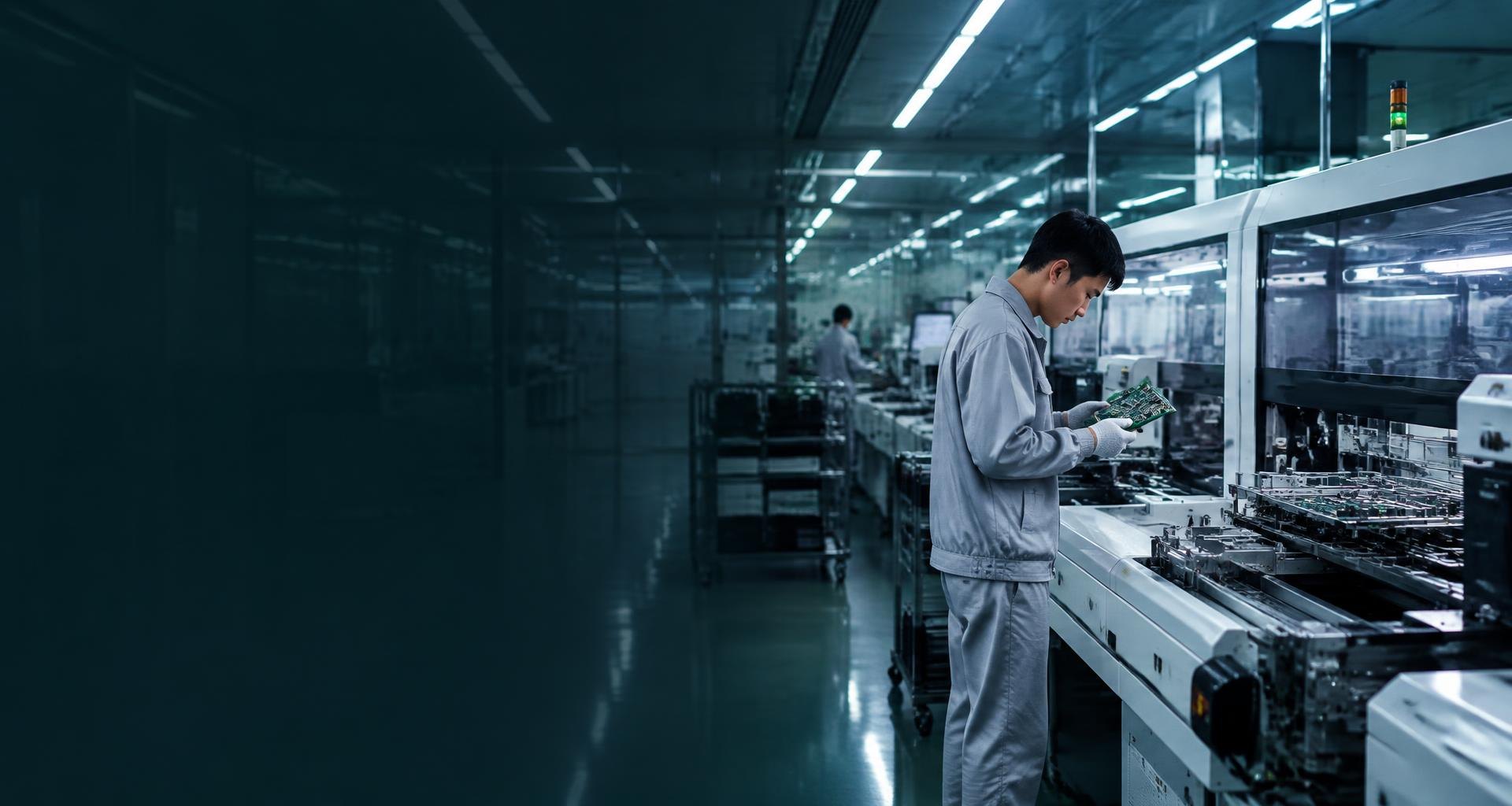 Electronics technician inspecting a circuit board on a modern production line